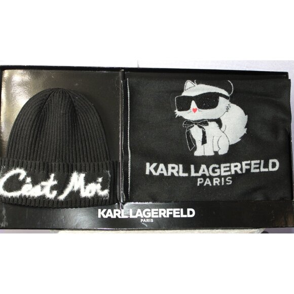 Karl Lagerfeld Paris Beanie & Scarf Gift Set Black C’est Moi Cat Rhinestone NIB main image 6